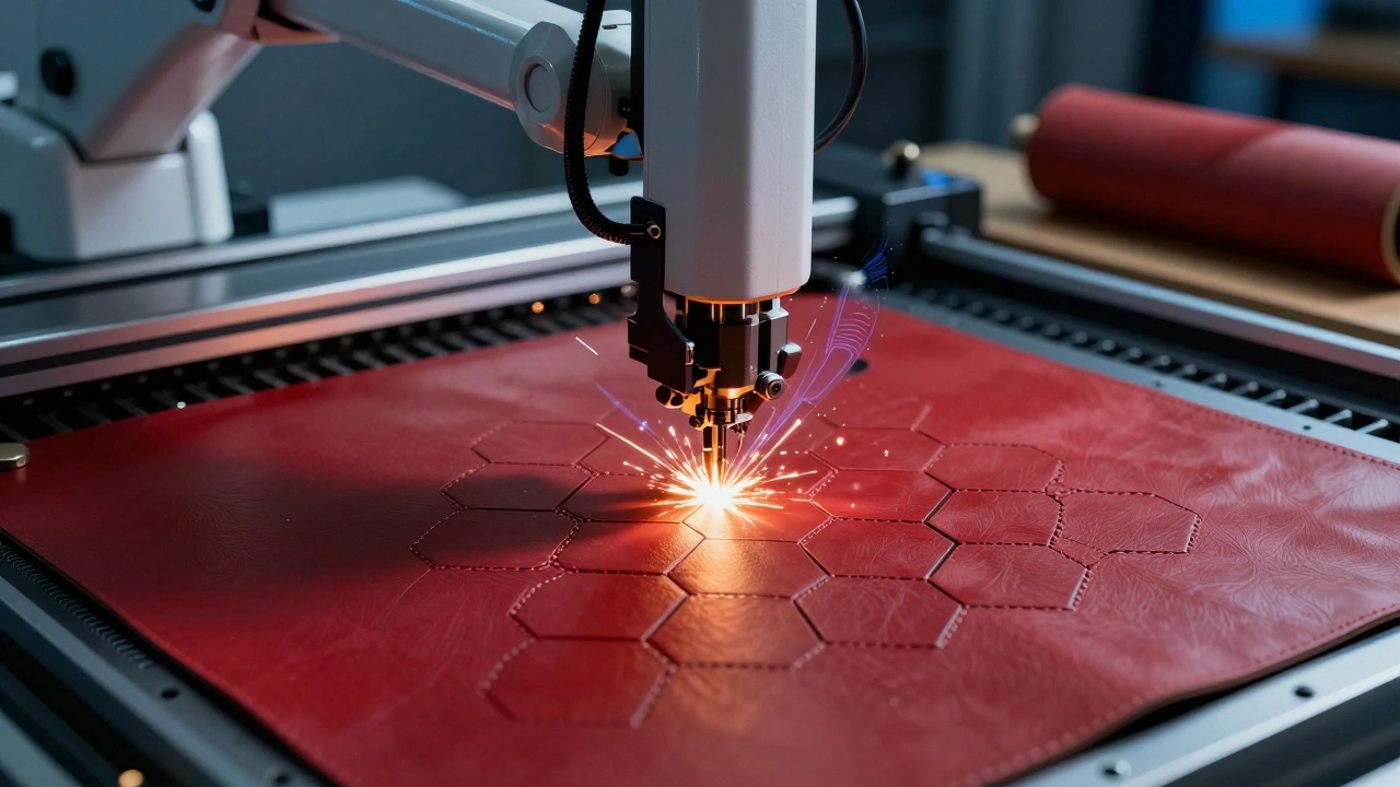 CNC machine creating custom hexagonal stitch pattern on red leather