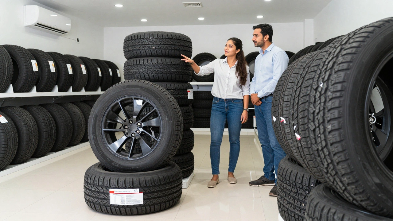 Customer inspecting tire date code with salesperson