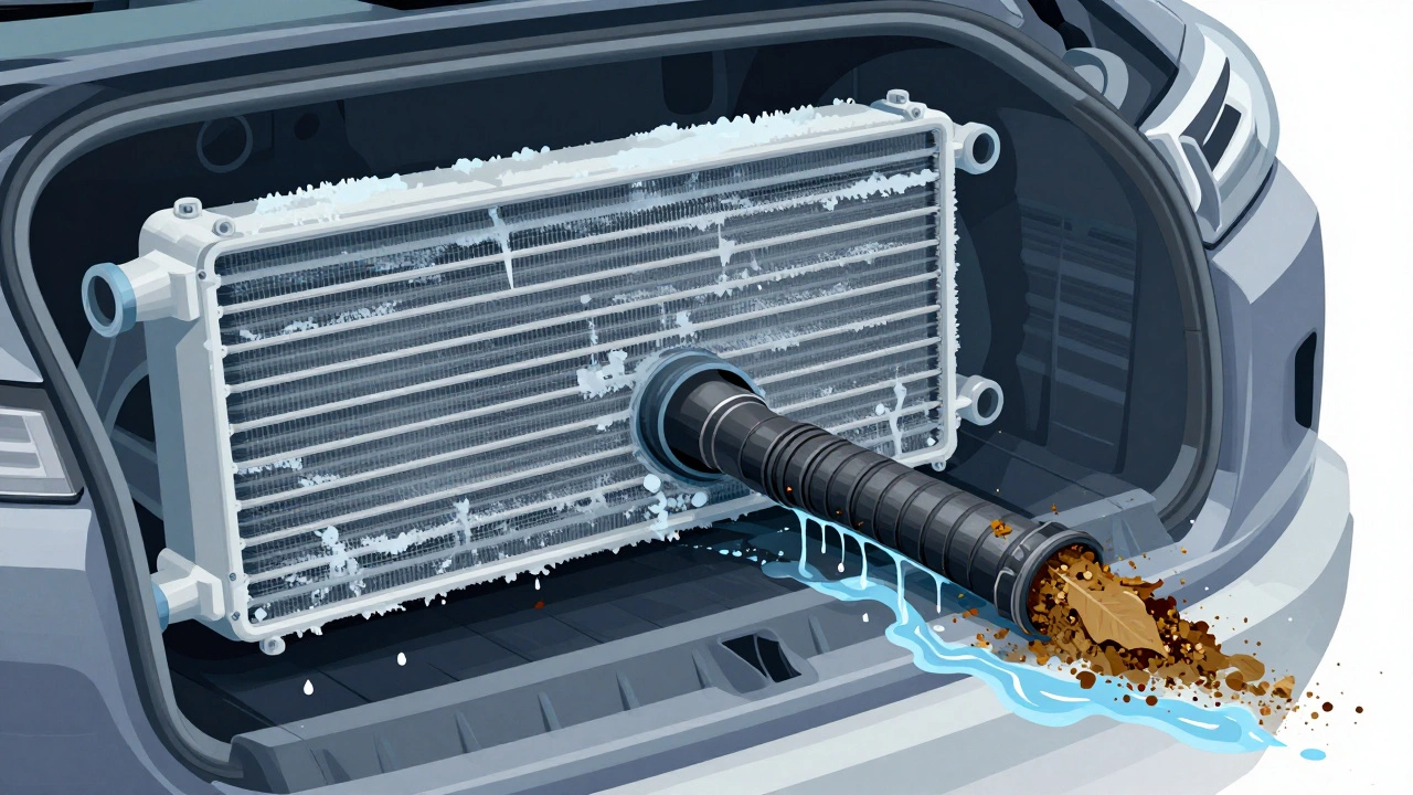 Cutaway diagram of clogged car AC drain line causing water backup