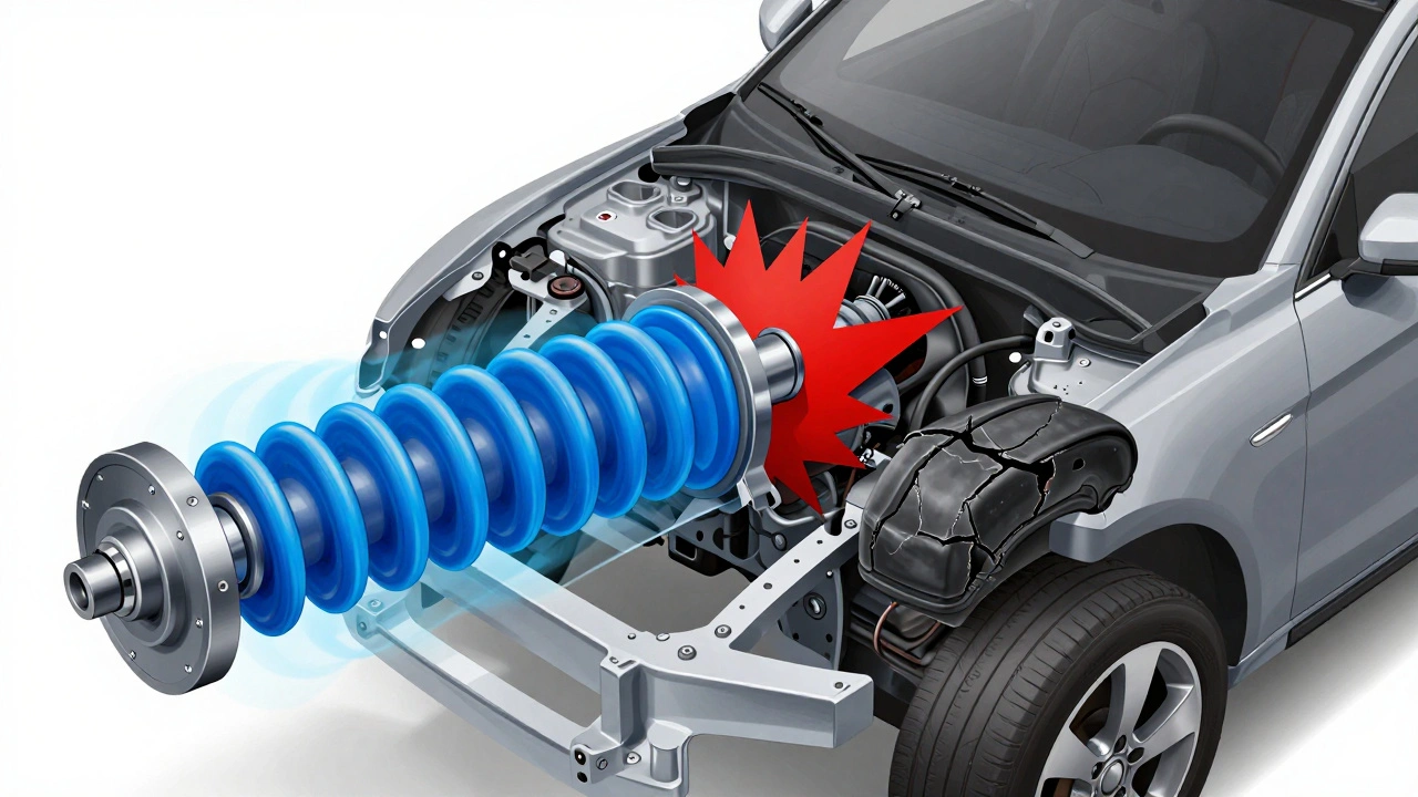 Diagram comparing healthy hydraulic mount vs worn rubber mount