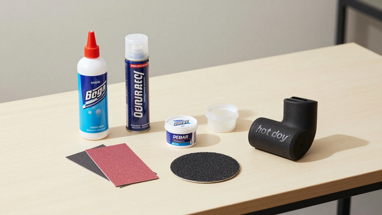 DIY repair tools including adhesive, filler, and elbow cushion on a table