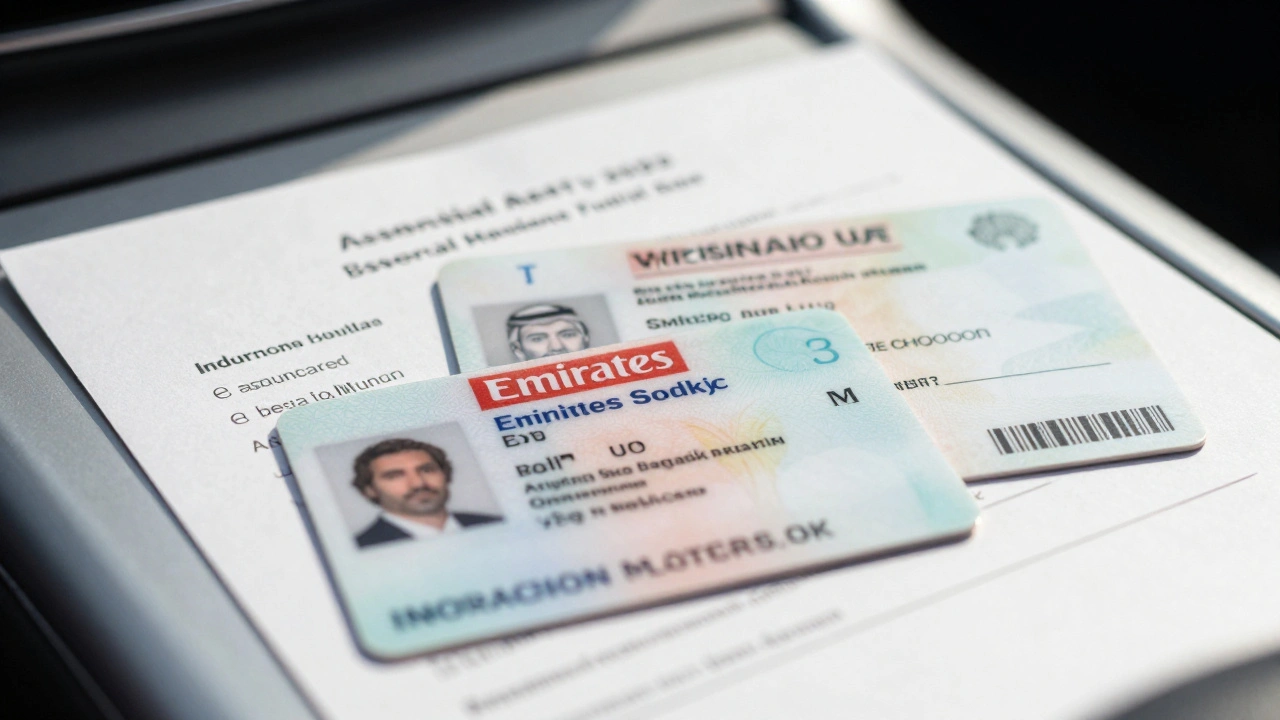 Emirates ID, Mulkiya, and insurance papers on a car dashboard