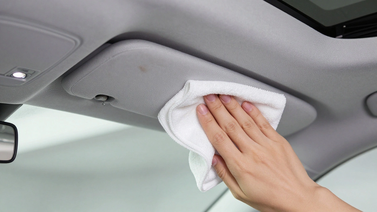 Gentle dabbing of headliner stain with microfiber towel
