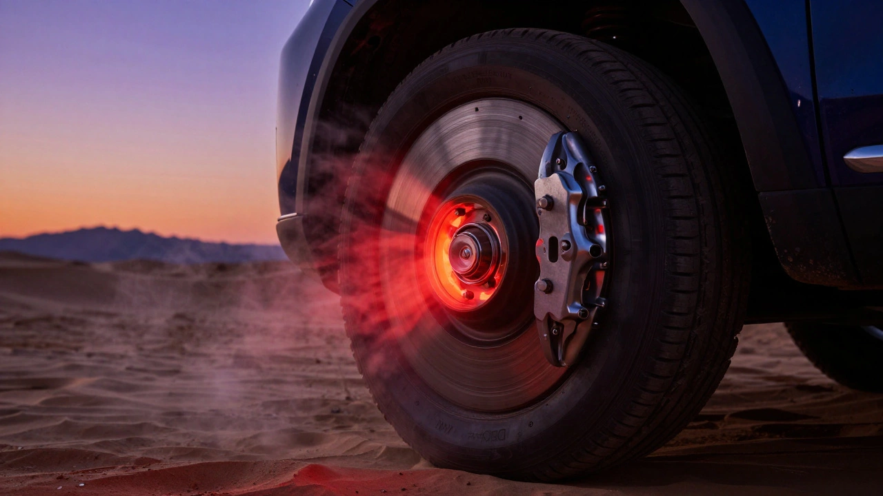 Glowing hot brake rotors and calipers on luxury SUV in desert