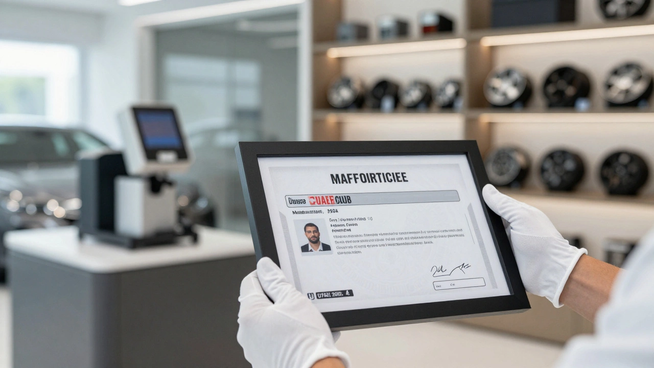Hands holding mechanic certificates in a clean luxury auto workshop.