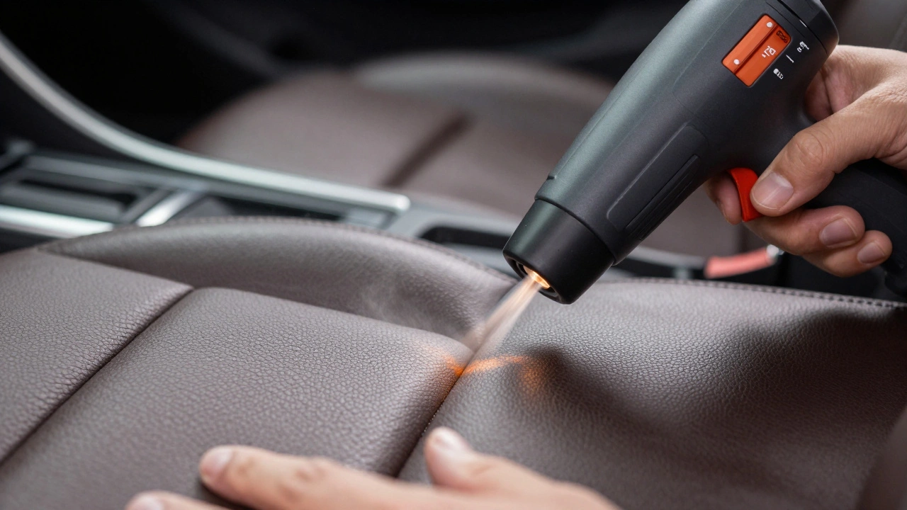 Hands using a heat gun to stretch and restore an indented leather car seat.