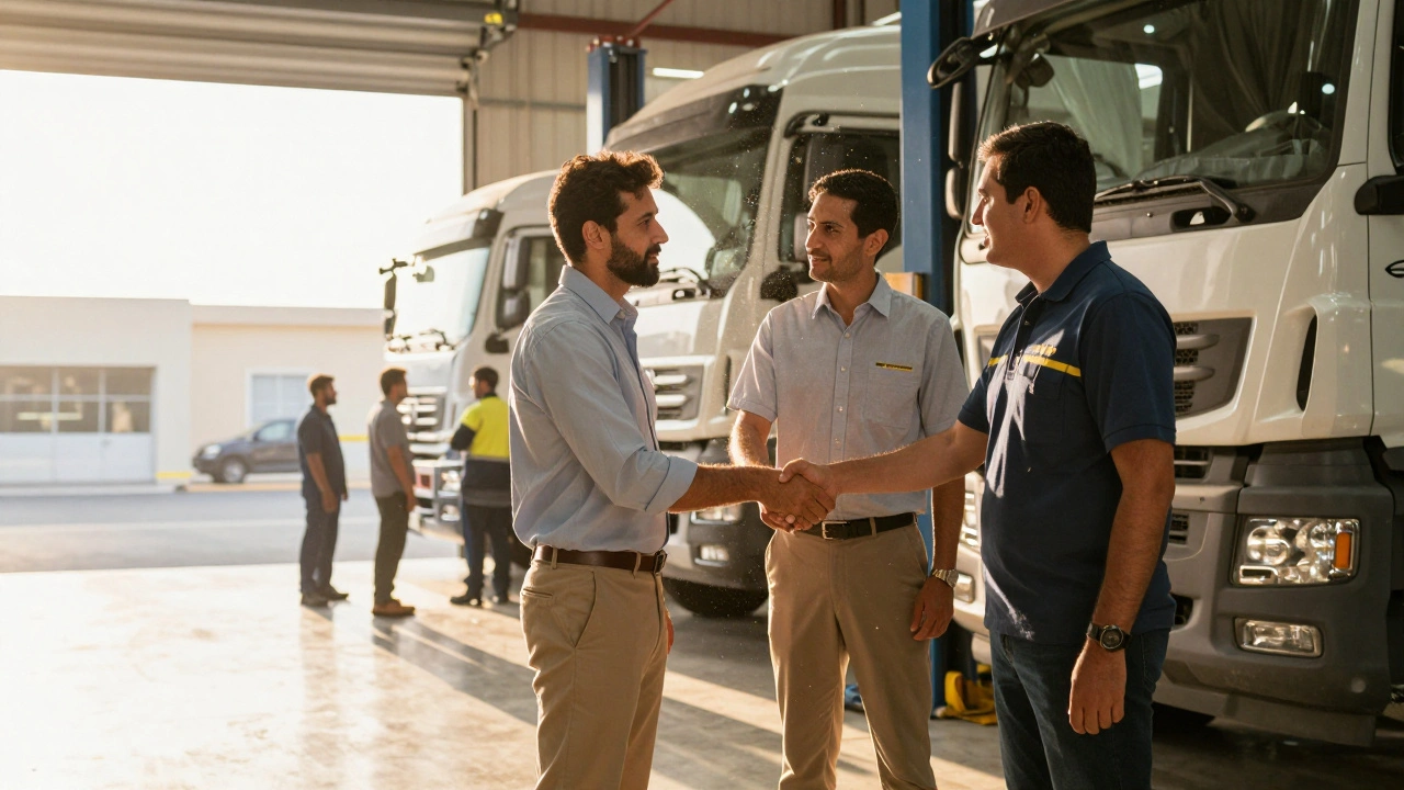 Handshake between fleet manager and service advisor in busy auto shop