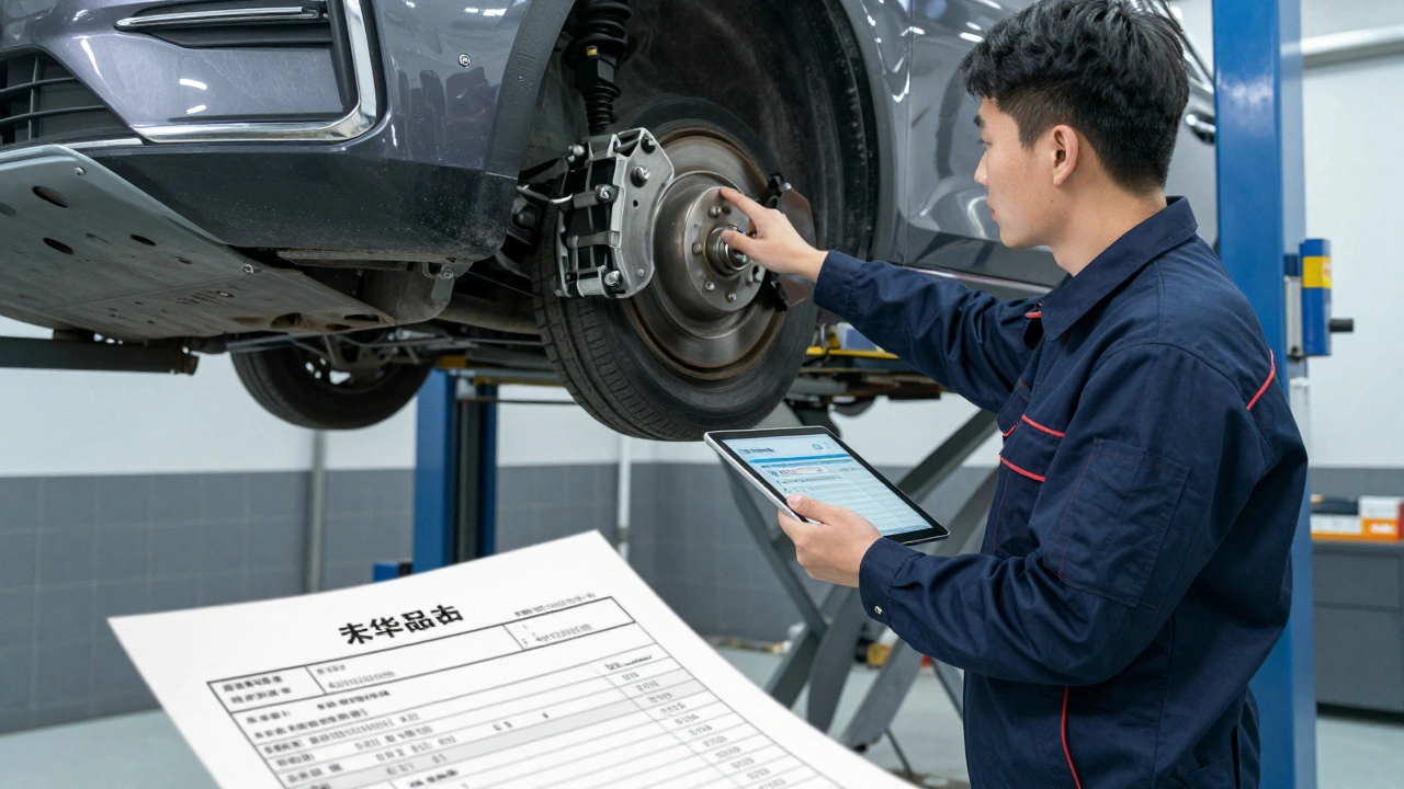 Inspector checking car brakes with repair invoices nearby