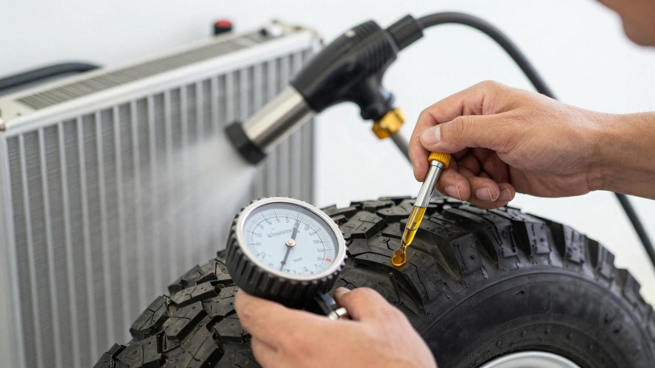 Mechanic checking oil and tire pressure for road trip prep