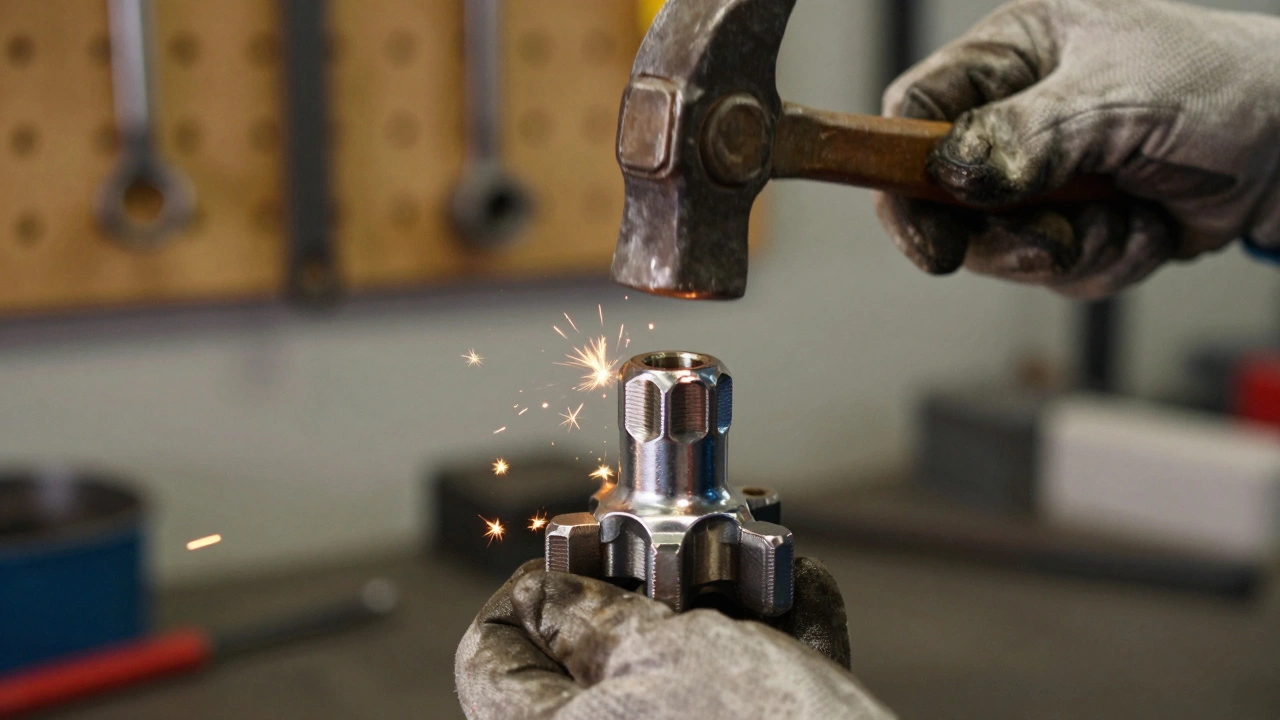 Mechanic hammering sacrificial socket onto locking lug nut to remove it