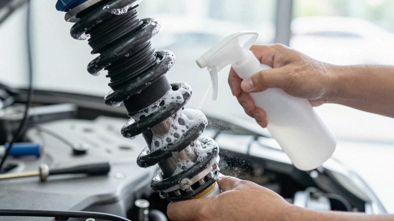 Mechanic spraying soapy water on air spring to reveal air leak bubbles