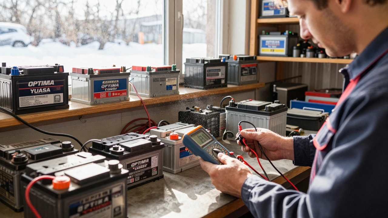 Mechanic testing car battery in a well-lit workshop