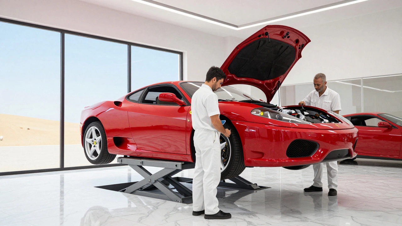 Mechanics servicing Ferrari 360 in UAE garage