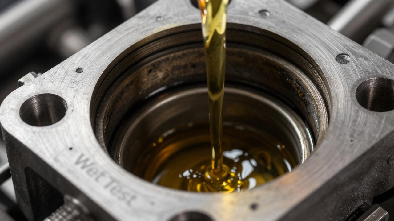 Motor oil being poured into engine cylinder for wet compression test