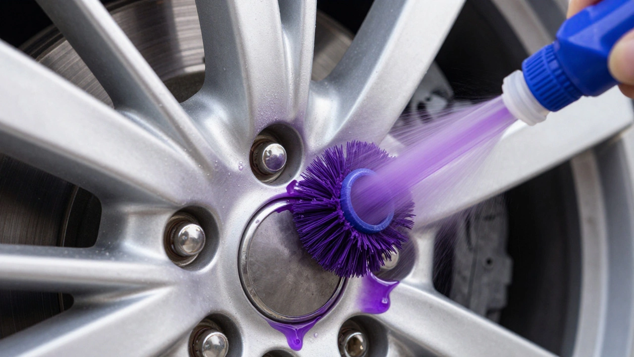 Purple wheel cleaner reacting with iron brake dust on a rim