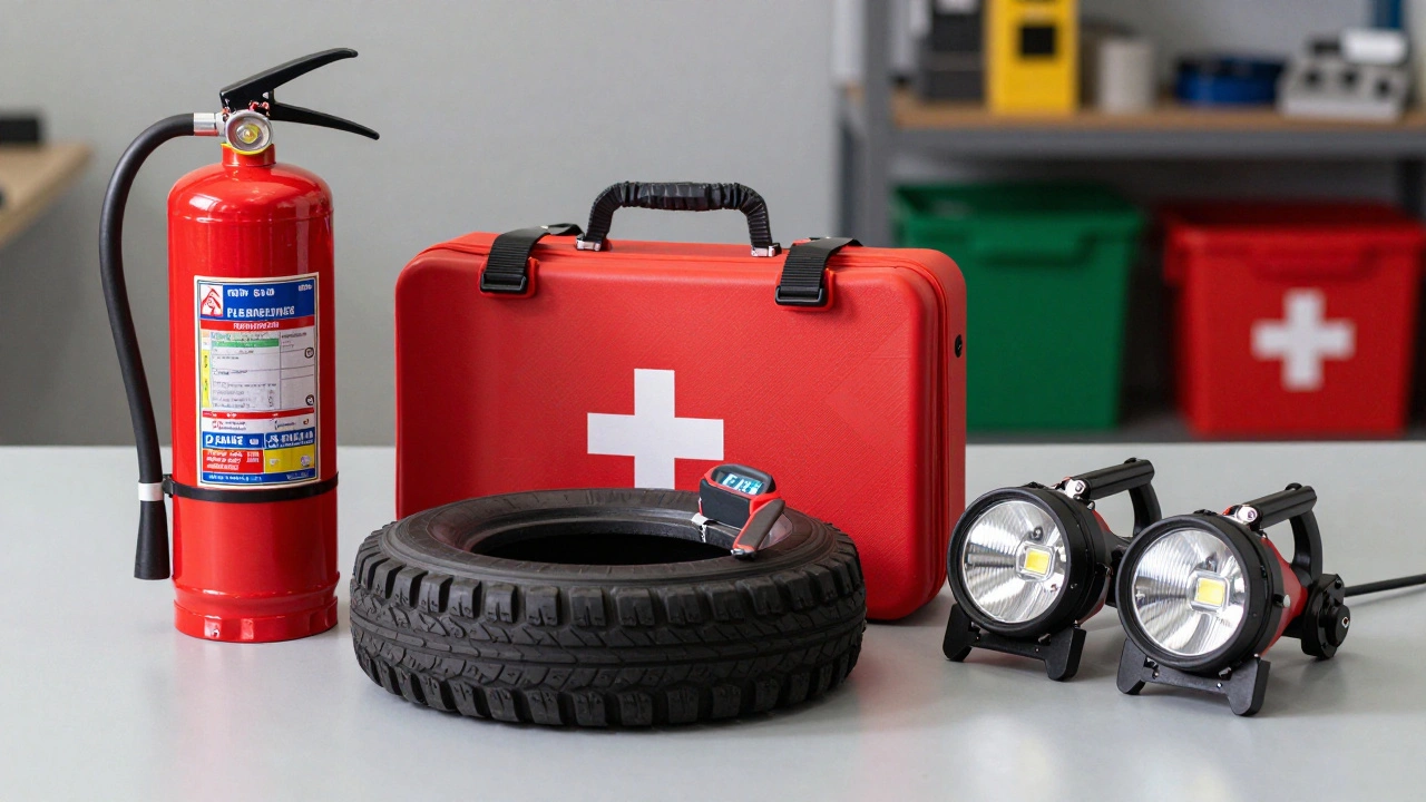 Safety gear and tools like extinguisher and tire gauge on bench.