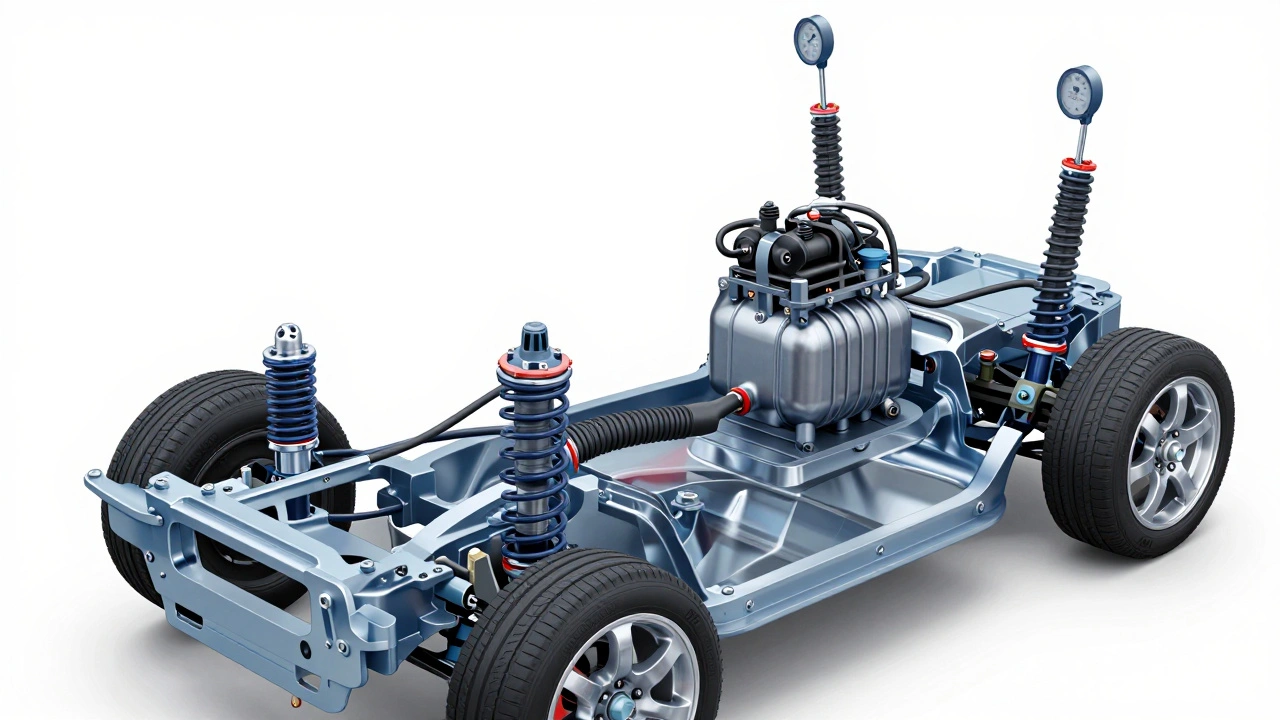 Schematic diagram of air compressor, springs, and sensors in suspension system