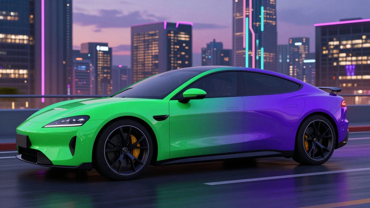 Sleek car displaying dramatic green-to-purple chameleon paint shift against city lights.