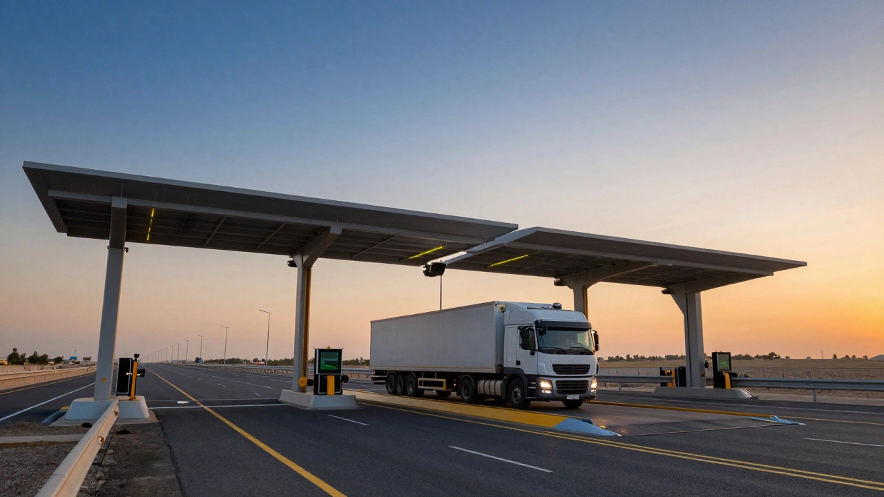 Smart weighbridge with sensors scanning a truck on a highway.