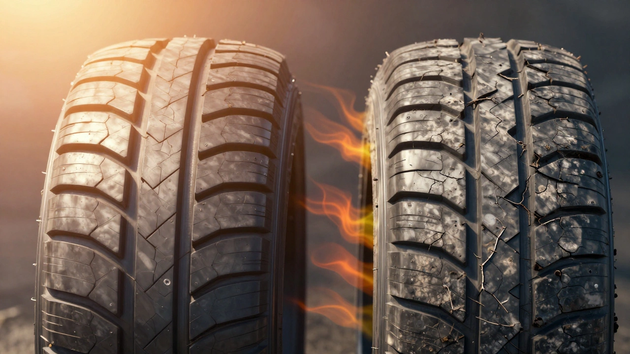 Split image showing fresh vs cracked aged tire rubber