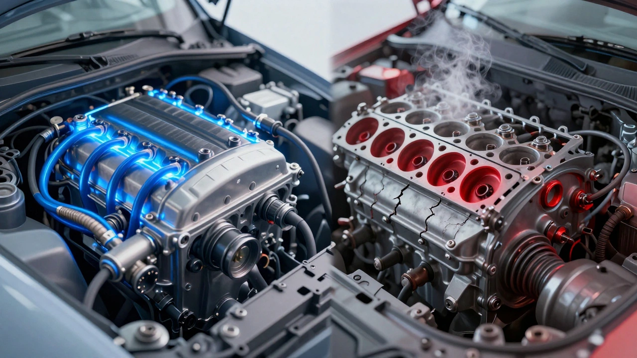 Split image showing healthy vs overheated engine states