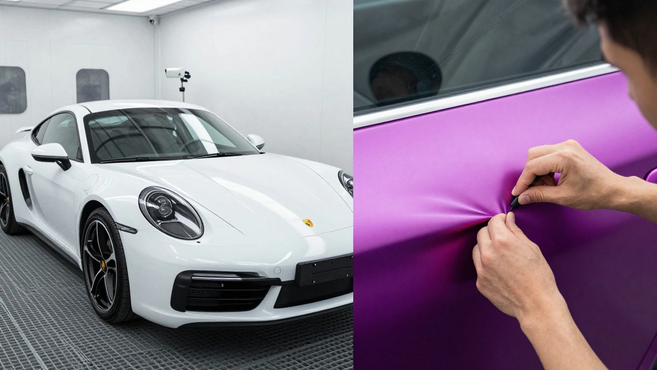 Split view of professional car repaint and vinyl wrapping