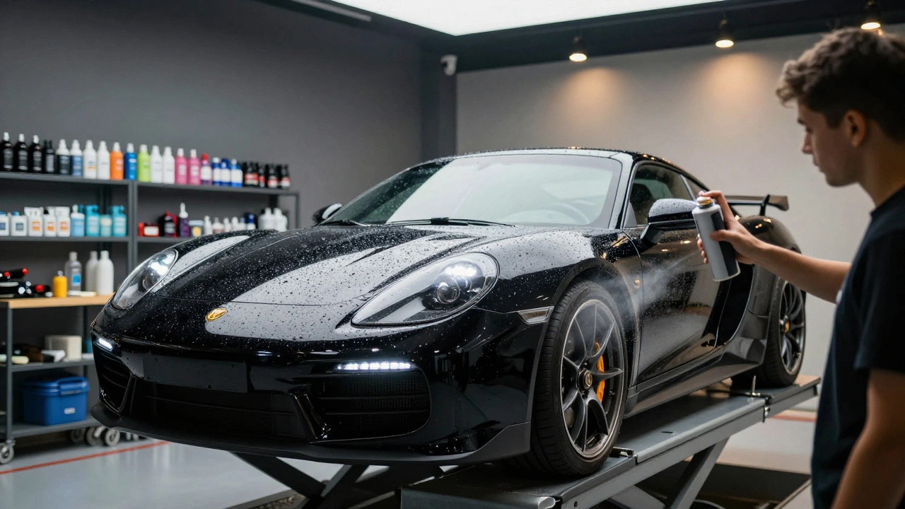 Technician applying ceramic coating to a glossy car in a professional garage.