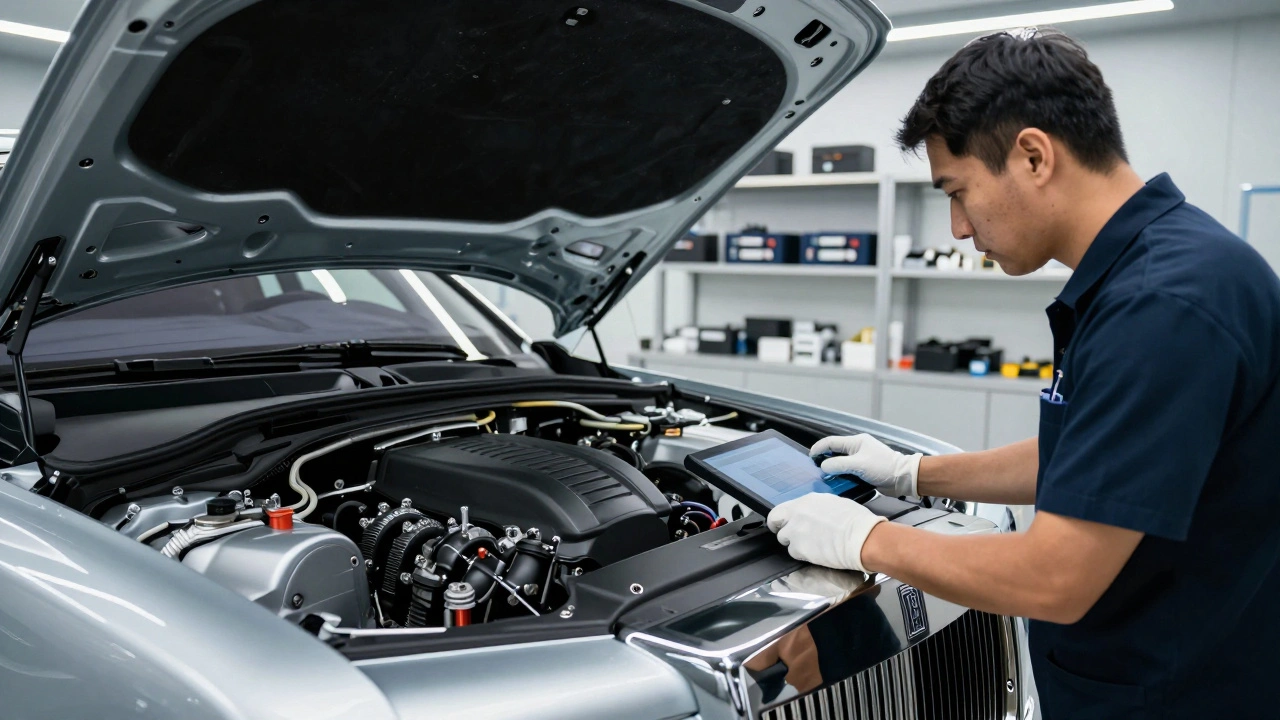 Technician performing detailed maintenance on a Rolls-Royce in a modern workshop