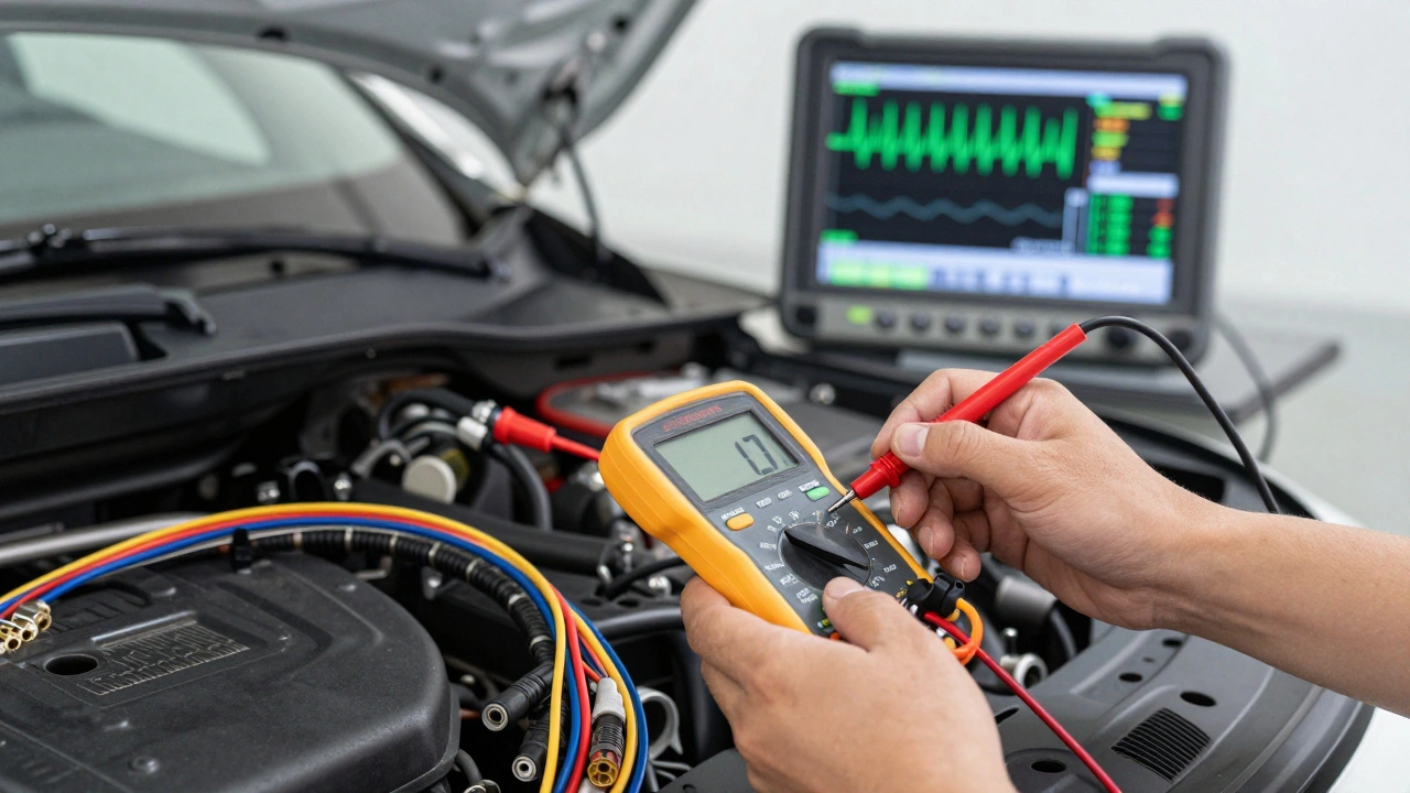 Technician testing car wiring with multimeter and oscilloscope in workshop