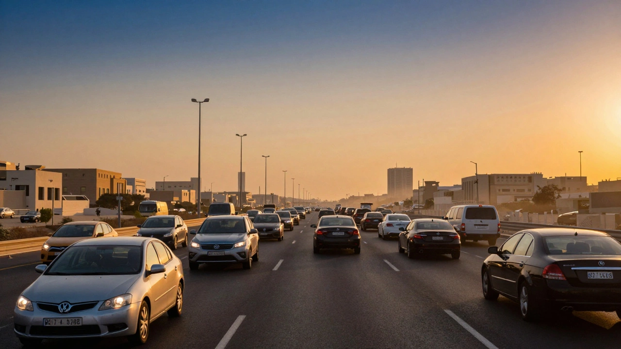 Traffic on Dubai highway with various cars driving in heat haze