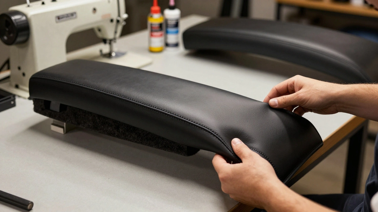 Upholsterer applying new leather cover to a restored car door armrest
