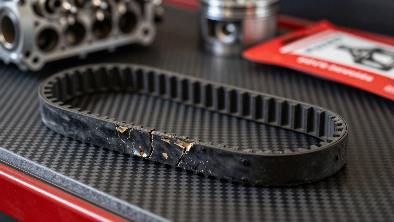 Worn vs new timing belt comparison on workbench