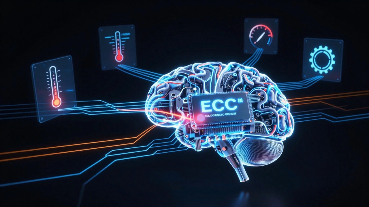 Conceptual art of car ECU processing sensor data and detecting faults to trigger limp mode