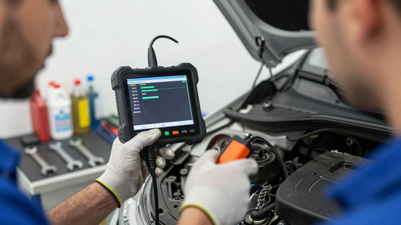 Mechanic using OBDII scanner to diagnose car issues in a professional auto repair shop