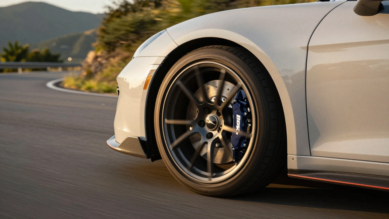 Sports car wheel with big brake kit on a winding mountain road