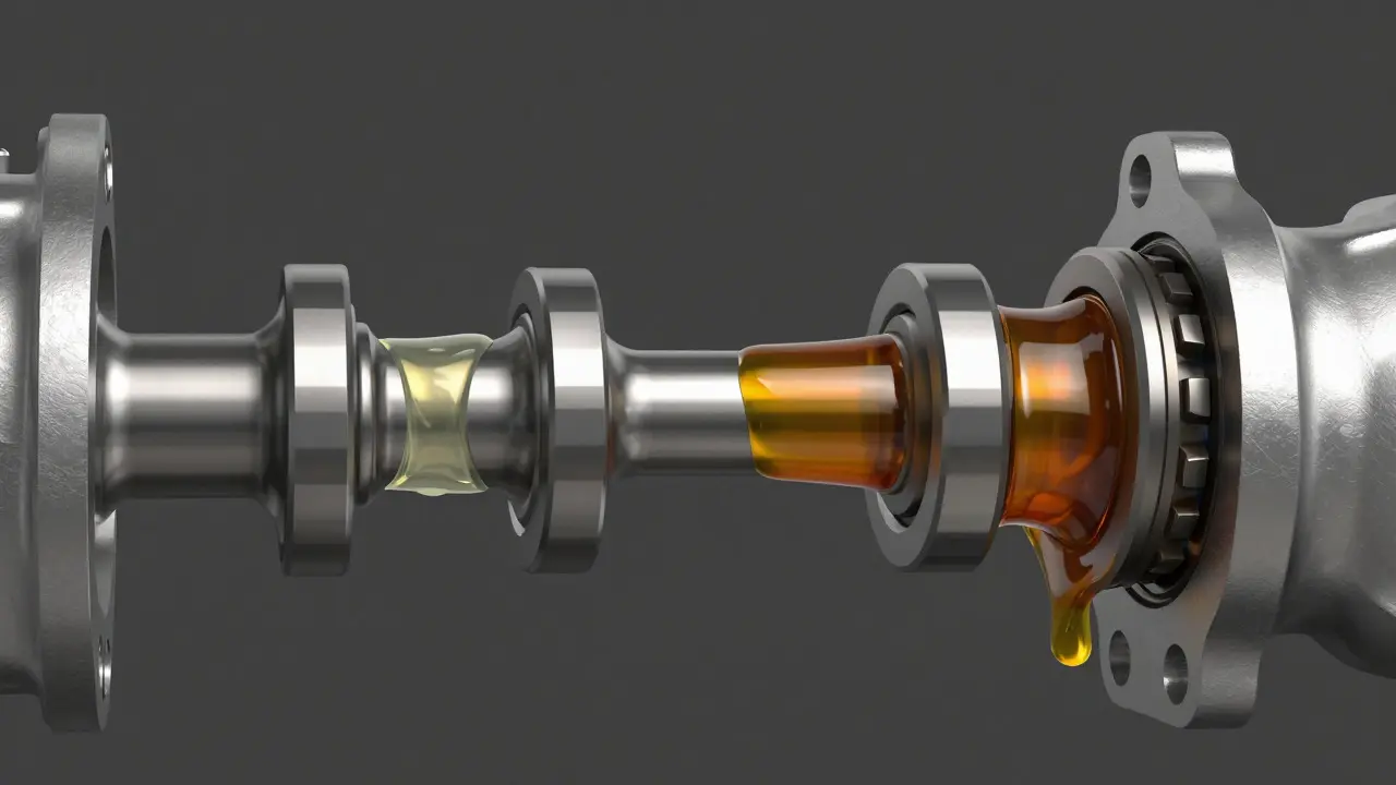 3D render comparing thin versus thick oil films on engine crankshafts