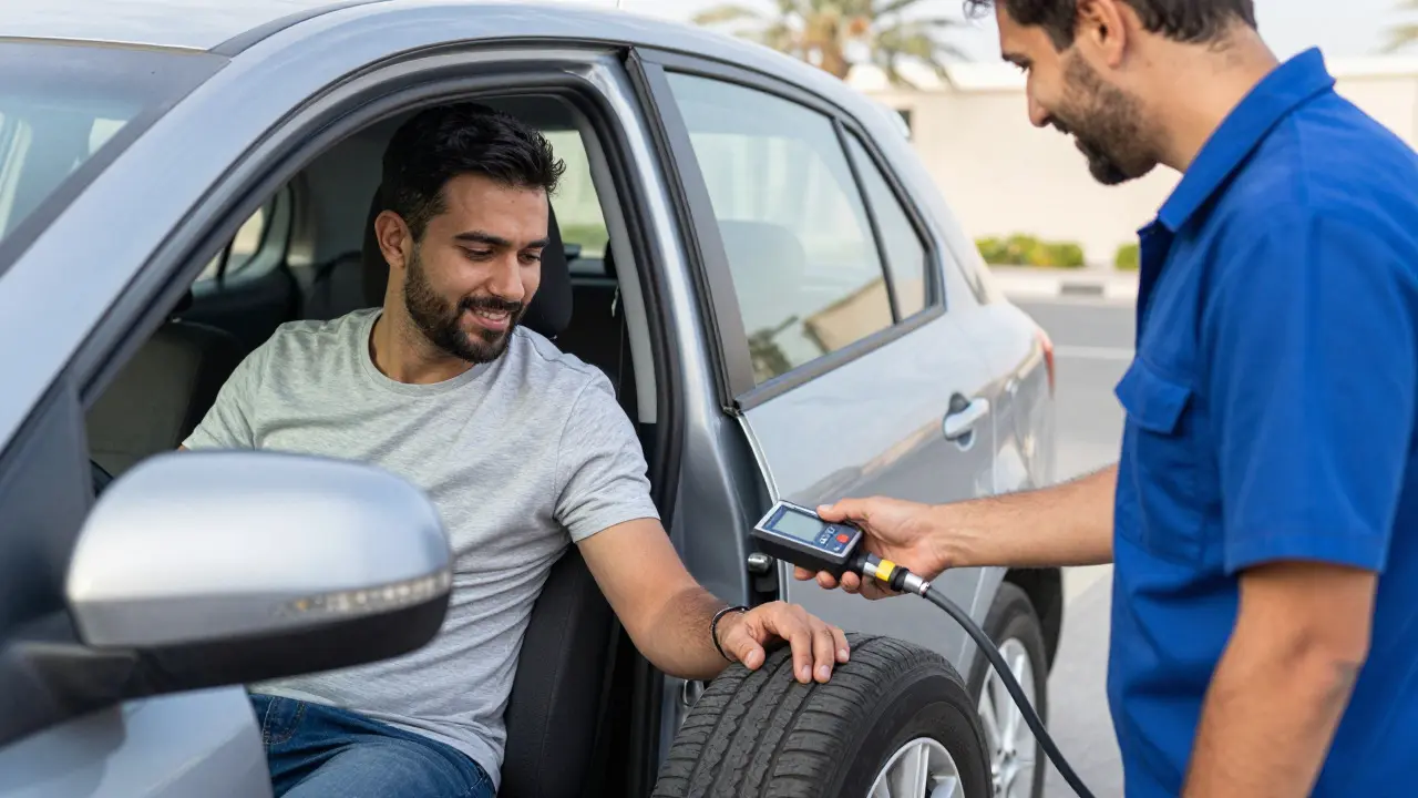 A driver checking tire pressure with a mobile mechanic after a repair