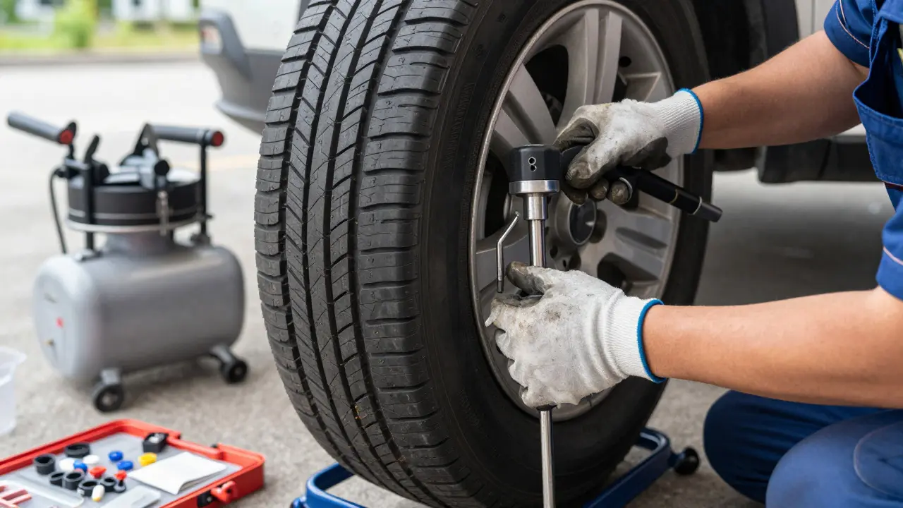A mechanic using tools to repair a puncture in a car tire outdoors