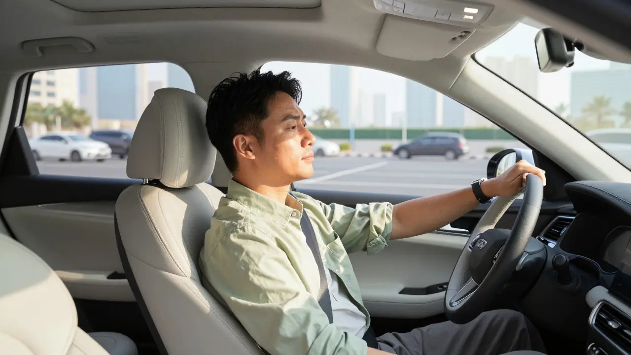 A relaxed driver in a sunlit car interior, conveying peace of mind from financial protection.