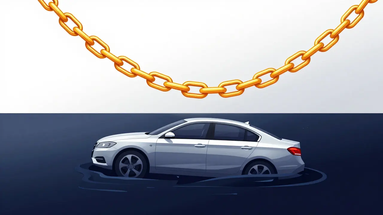 Abstract art showing a car sinking into liquid while a golden chain represents a fixed loan balance.