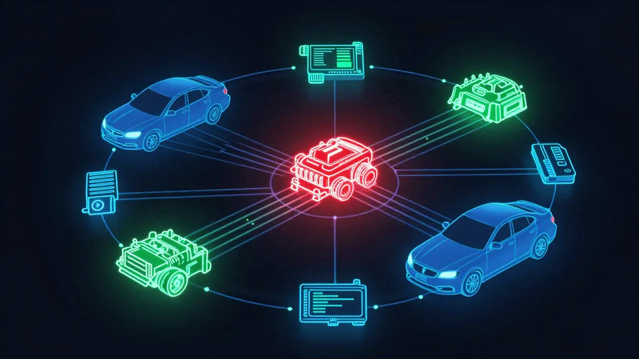 Abstract digital network diagram representing car module communication