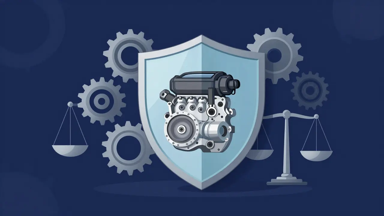 Abstract illustration of a shield protecting an engine component with scales of justice