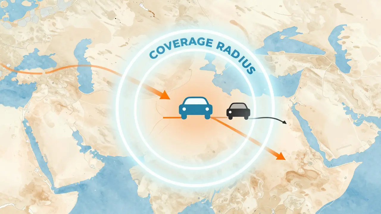 Abstract map illustrating coverage radius limits for towing services