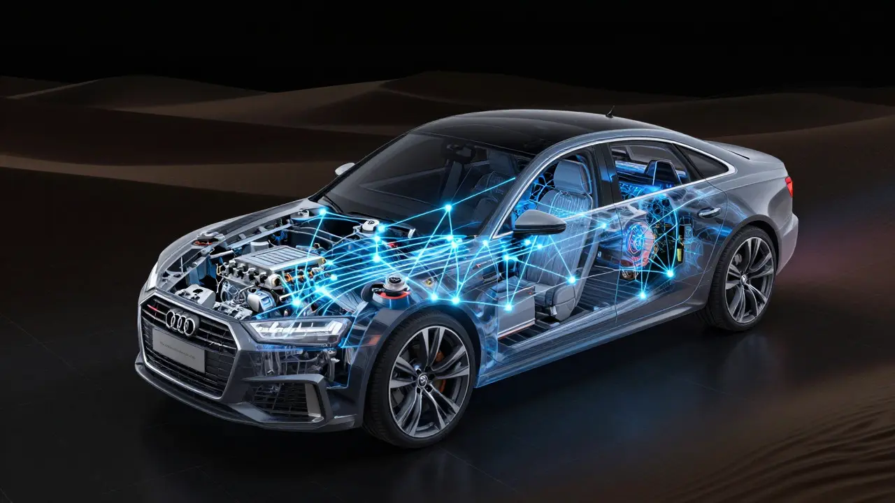 Abstract visualization of a car's electronic network connecting key modules