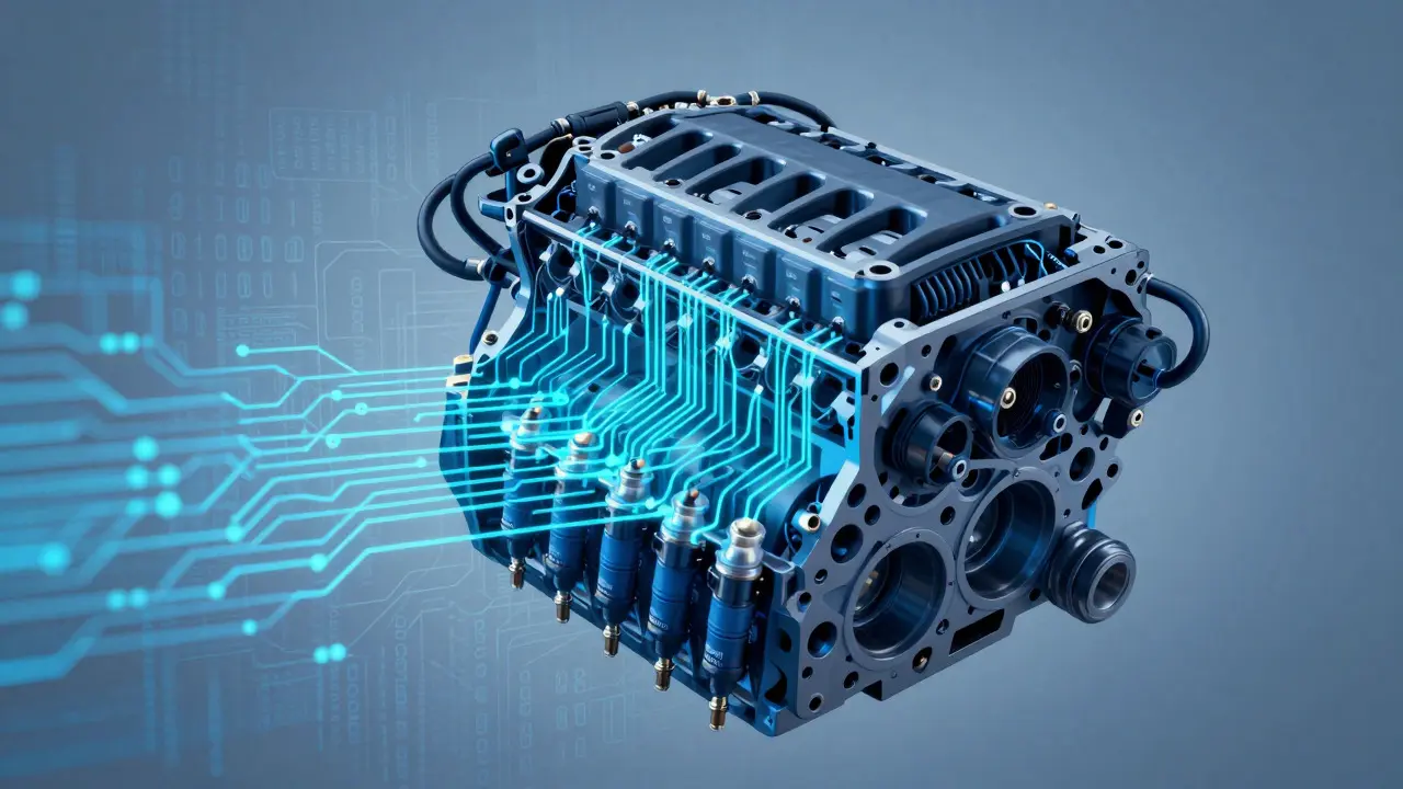 Abstract visualization of car computer recalibrating fuel and engine settings