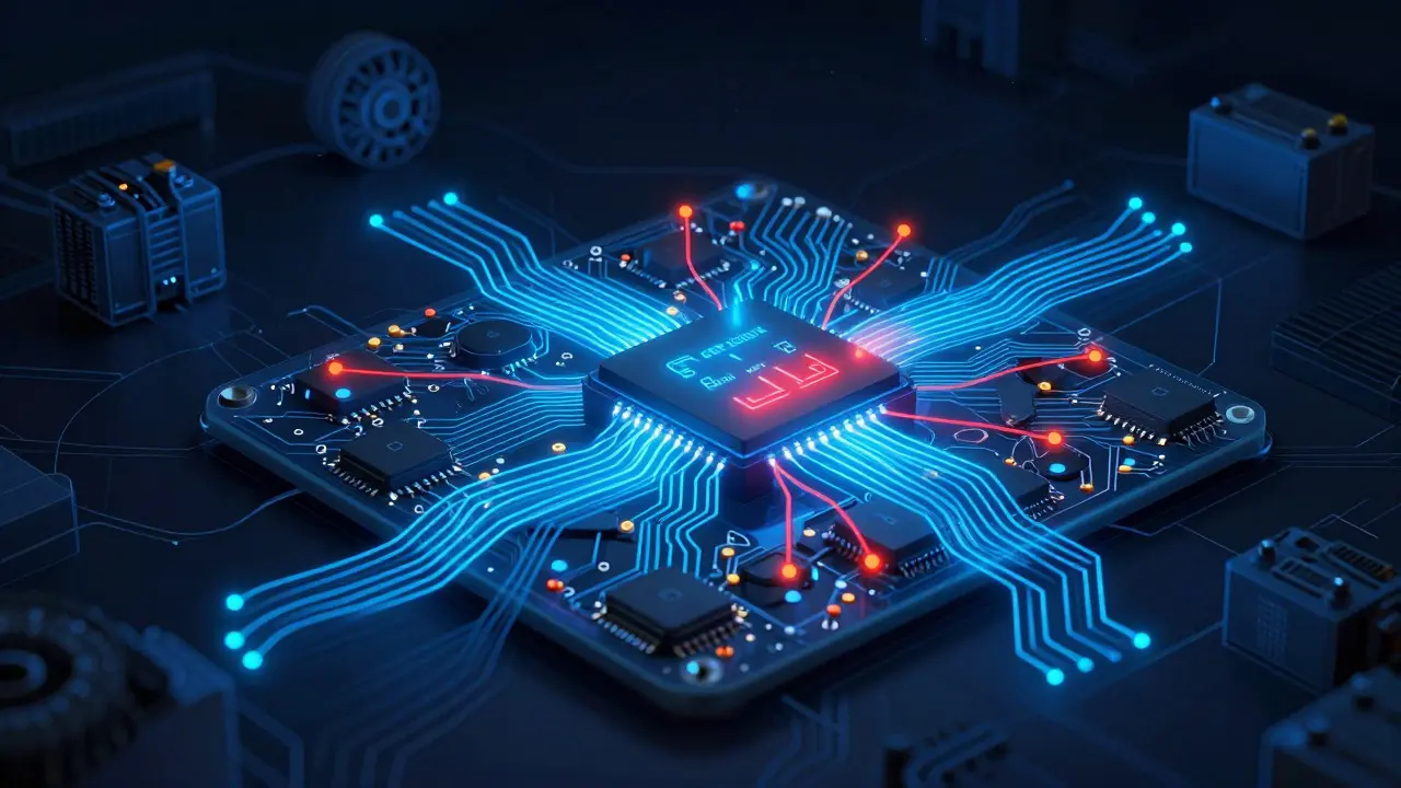 Abstract visualization of data flow and memory loss within a car's electronic control unit.