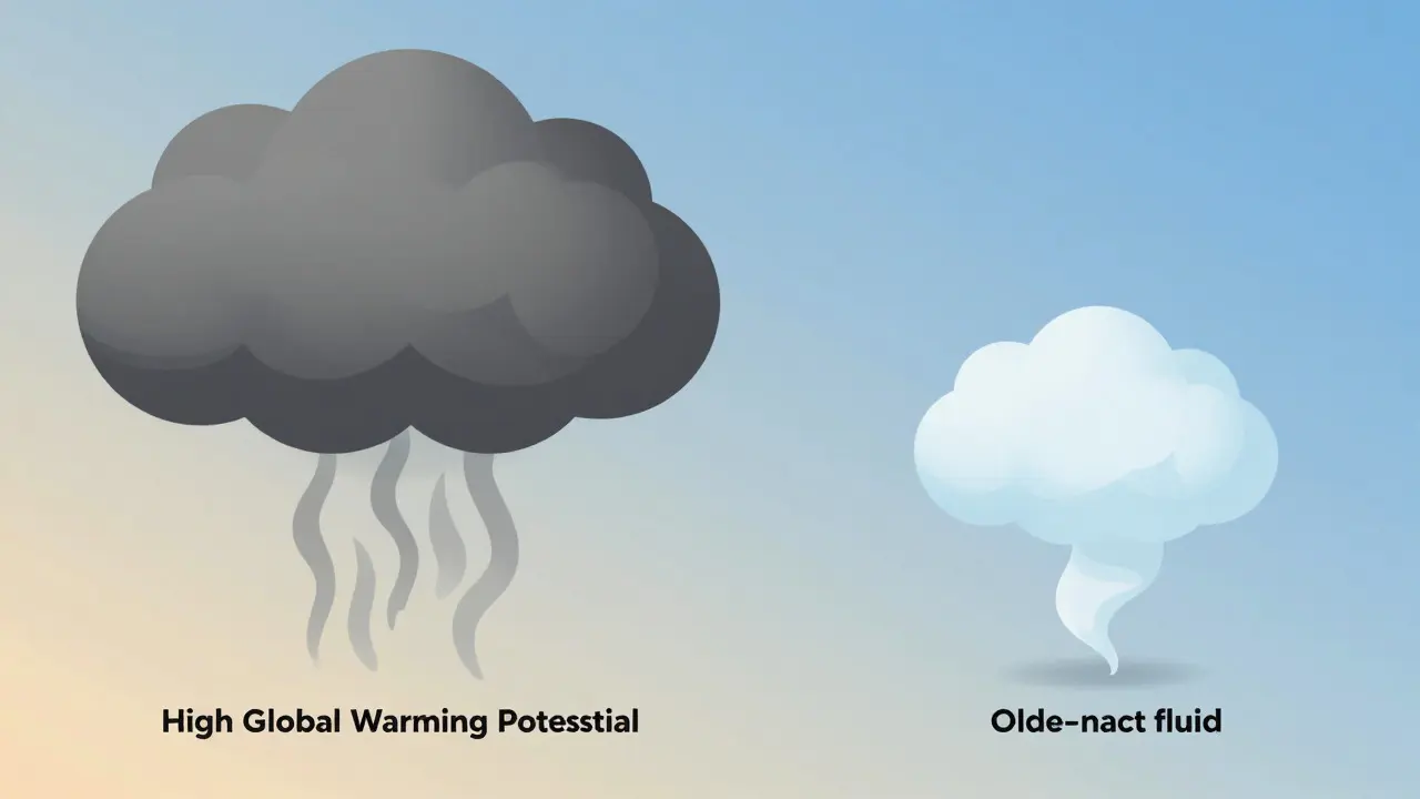 Artistic comparison of dense old refrigerant cloud vs light new vapor