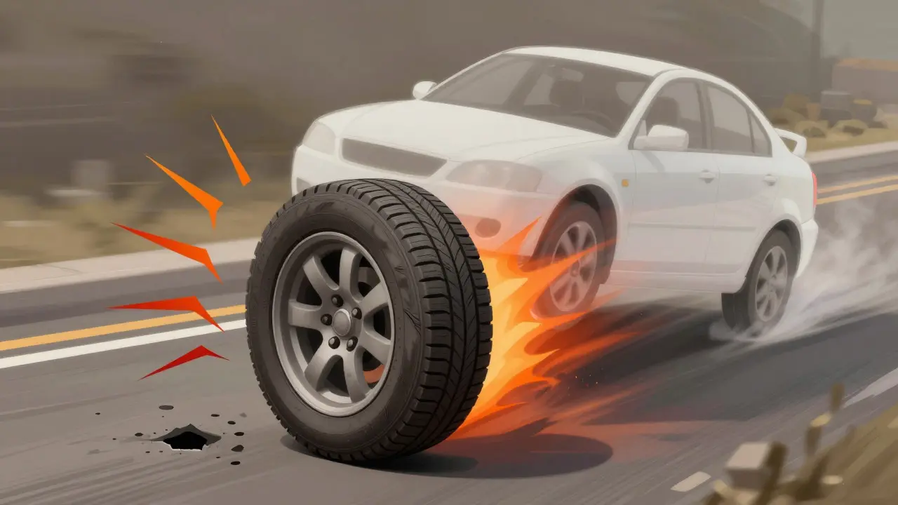 Artistic depiction of car suspension failure showing uneven tire wear and body sway