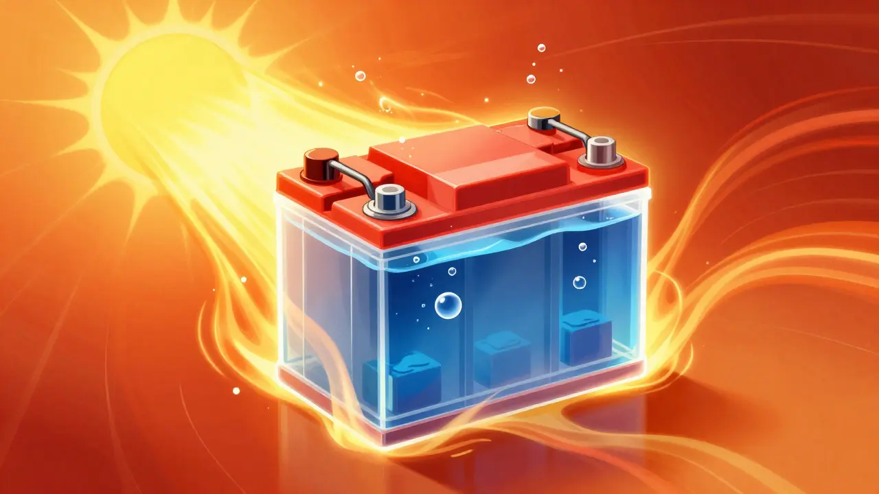 Artistic illustration showing heat waves and bubbles inside a car battery