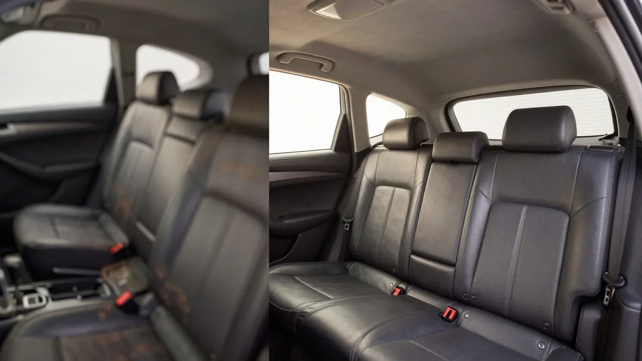 Before and after comparison of a car interior with a new headliner and fresh seats